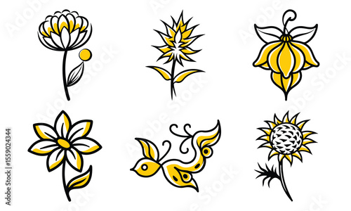 Collection of six hand drawn stylized floral elements in black and yellow outlines suitable for decorative designs