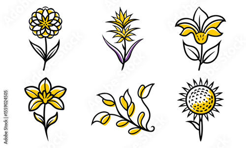 Simplified floral illustrations displaying yellow and black line art with various botanical arrangements on white background