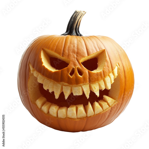 A scary carved Halloween pumpkin with a skull face and sharp teeth on a black background