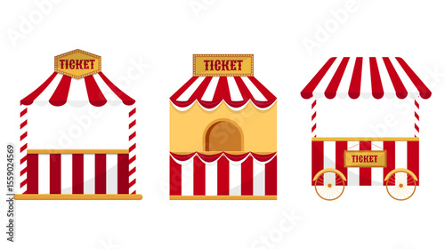 Ticket kiosk in red and white stripes on a white background