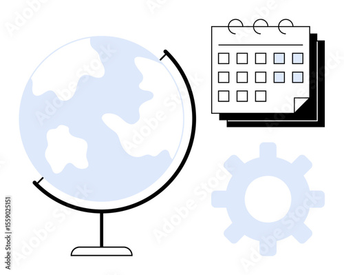 Globe with continents, calendar with marked dates, and gear symbolizing global planning, time management, productivity, and strategy. Ideal for scheduling, teamwork, globalization and education