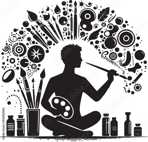 A silhouette of an artist sitting amidst art supplies and abstract patterns, showcasing creativity, inspiration, and expression. The black-and-white style emphasizes artistic focus