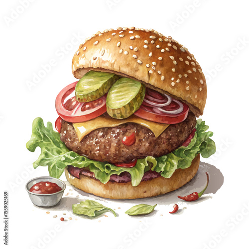 A vector illustration of a classic burger. White background.