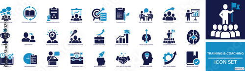 A flat icon set featuring training, coaching, leadership, webinar, goal setting, and personal development concepts. 