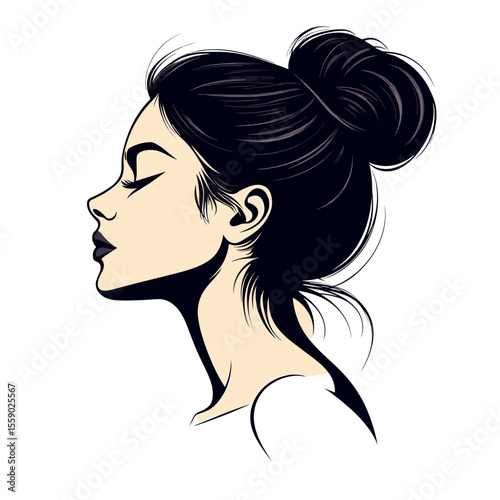 Stylized black and white profile of woman with hair in bun