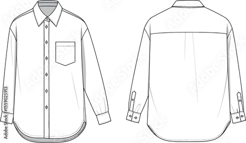 Technical flat sketch of a men's oversized long-sleeved button-up shirt with a single chest pocket and curved hem, ideal for casual fashion design, apparel, and pattern making