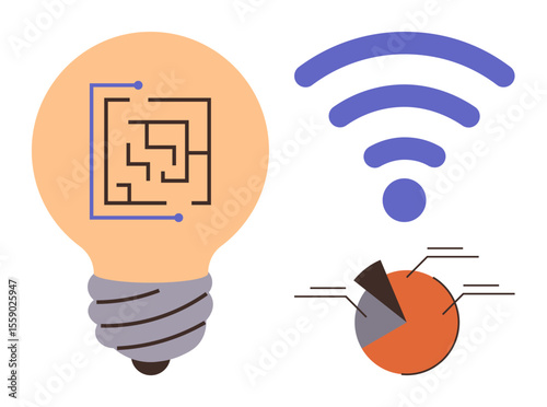 Lightbulb with integrated circuit, wireless connection symbol, and segmented pie chart. Ideal for technology, innovation, connectivity, data analysis, smart ideas, digital transformation