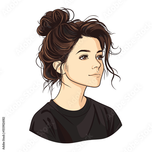 Stylized portrait of young woman with dark hair in messy bun