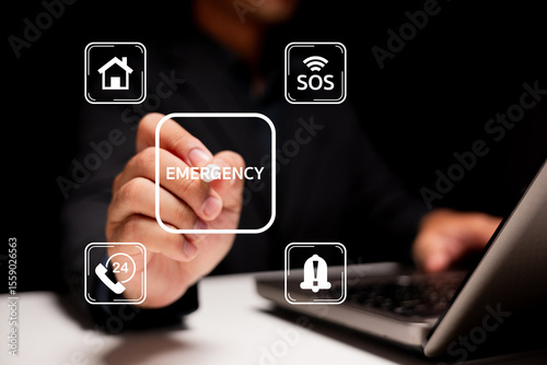 A person interacts with a virtual emergency interface on a laptop, highlighting icons for SOS, home, 24-hour phone, and alert notifications.