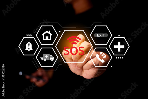 A person presses a glowing SOS emergency button on a virtual interface, surrounded by icons representing home, health, exit, and communication.