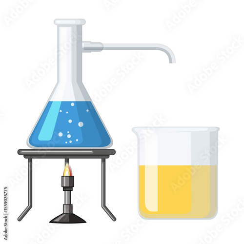 Chemical Experiment: A vibrant scientific illustration captures the process of distillation, with a beaker and flask and bubbling liquid