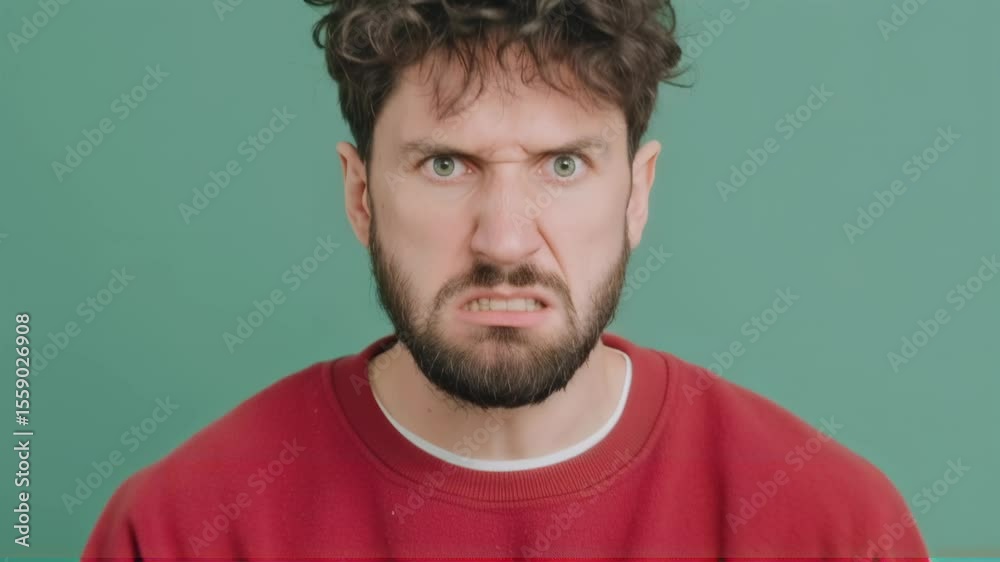Caucasian man with curly hair expressing anger and frustration. Red sweater against green background. Emotional facial expressions for video content creation.