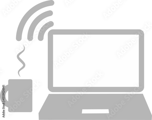 Laptop with coffee and online wifi for remote work soft grey icon. Work from  home or anywhere.