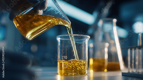 Scientific experiment in laboratory, pouring liquid in beaker for chemistry analysis