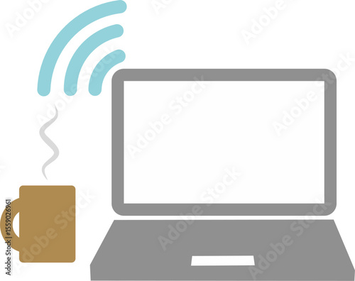 Laptop with coffee and online wifi for remote work soft full color icon. Work from  home or anywhere.