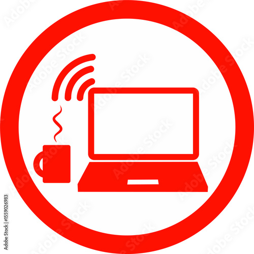 Laptop with coffee and online wifi for remote work red sign icon. Work from  home or anywhere.