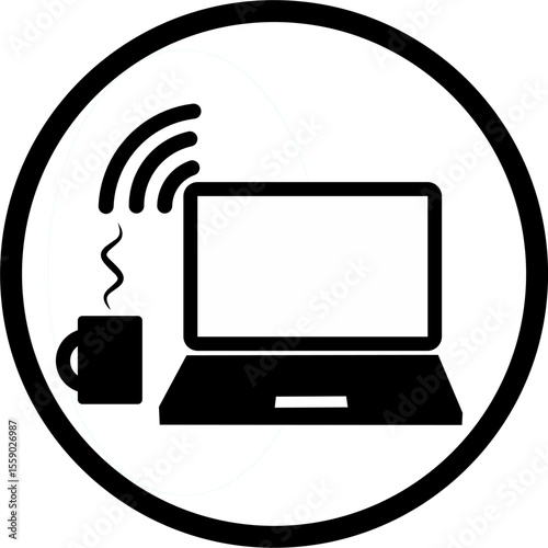 Laptop with coffee and online wifi for remote work soft black circle icon. Work from  home or anywhere. Sign or symbol.