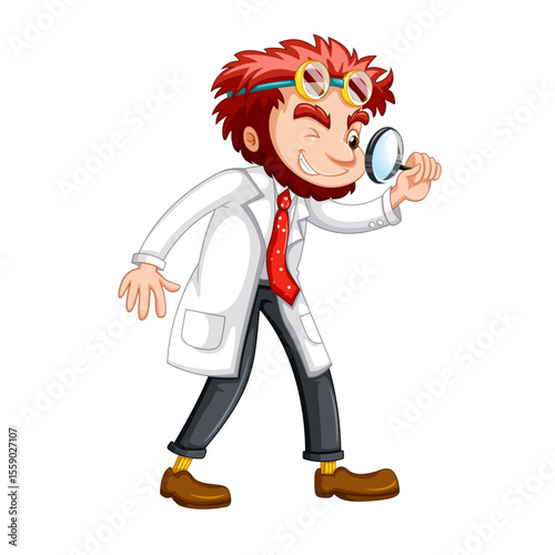 Eccentric Scientist with Magnifying Glass: An illustration of an engaging scientist, sporting innovative eyewear, intently studying a subject using a magnifying glass.
