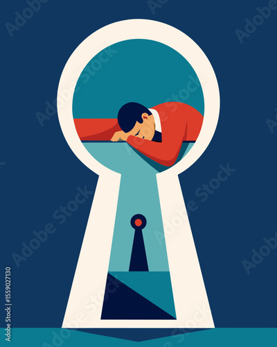 Through a keyhole we see a person lying in bed ped behind a barrier of intrusive thoughts that keep them from getting up and facing the day.. Vector illustration