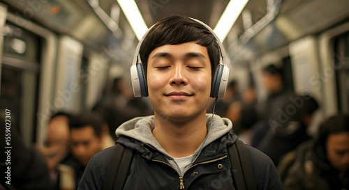 A person finds peace on a crowded subway with headphones. Use this image for relaxation music apps mindfulness guides travel serenity ads and personal escape promotions.