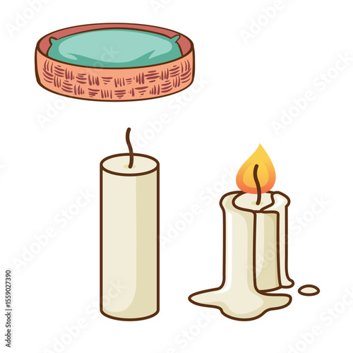 Still Life: Pet Bed and Candles : A delightful assortment of everyday objects come together in a simple yet artful arrangement including an empty pet bed and two candles with one in flames.