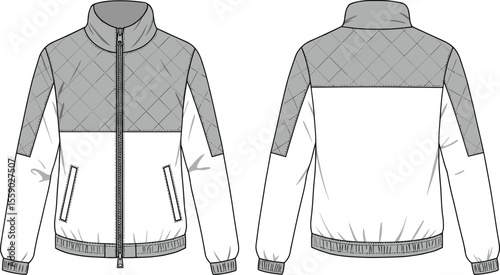 Technical flat sketch of a unisex quilted bomber jacket with contrast color-blocking and full front zipper, ideal for outerwear design, apparel, and pattern making.