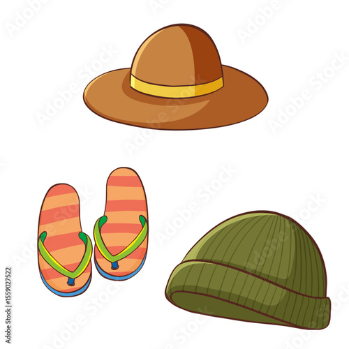 Beach Accessories: A curated collection of stylish accessories, including a wide-brimmed hat, comfortable flip-flops, and a cozy beanie, perfect for a day in the sun or a casual outing.