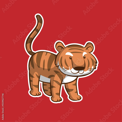 Tiger Cub Illustration: A playful tiger cub with striking orange and black stripes stands proudly against a vibrant red backdrop, an endearing character perfect for artistic designs.