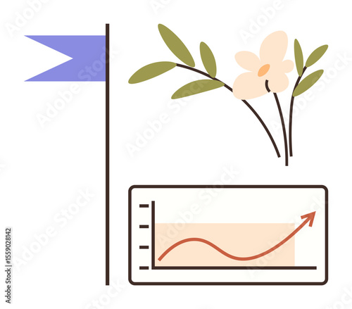 Flower and leaves represent organic growth, flag signifies achievement, and ascending graph shows success and progress. Ideal for growth, success, business, nature, analytics, achievement