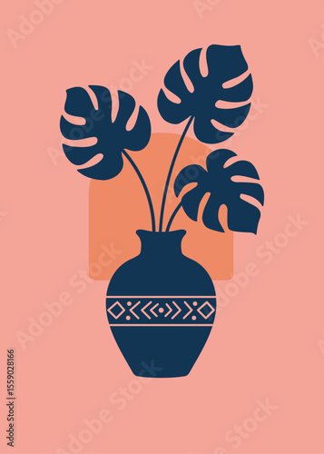 minimalist illustration of Monstera deliciosa in a vase, plant, natural, background. pink and blue. art for decoration. boho style