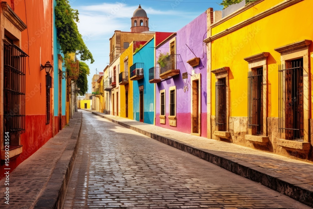 Obraz premium Vibrant facades of traditional houses create a picturesque scene along a charming cobblestone street in a historic mexican town