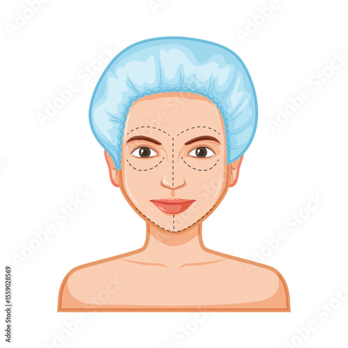 Face with surgical marks: A visual depiction of a face, marked with dotted lines indicating planned surgical procedures, under the context of cosmetic enhancements.