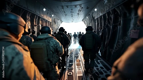 Army soldiers and paratroopers descending from an Air Force C 130 during an airborne operation. silhouette concept