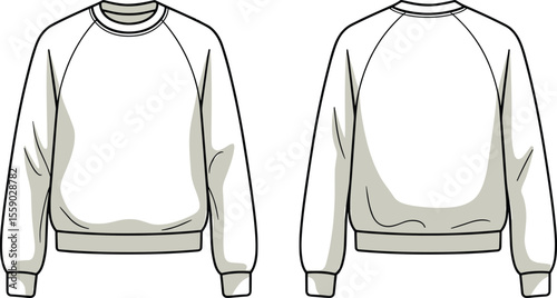 Blank White Raglan Sleeve Sweatshirt Template for Women, Front and Back Views, Isolated on White, Customizable Casual Apparel Basic Flat Sketch for Fashion Mockups and Print on Demand