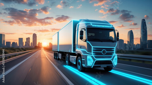 Futuristic smart truck driving on a highway at sunset