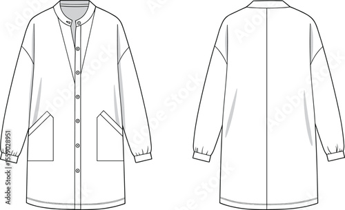 Technical flat sketch of a women's longline shirt jacket with a band collar and patch pockets, ideal for casual outerwear design, apparel, and pattern making