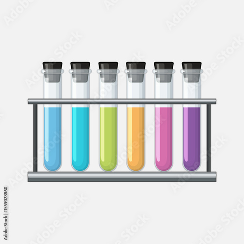 Science in a Row:  A captivating row of laboratory test tubes filled with vibrant colorful liquids, neatly arranged in a rack, capturing the essence of scientific discovery and investigation.