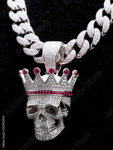 Diamond-encrusted skull pendant with ruby crown on a heavy chain necklace