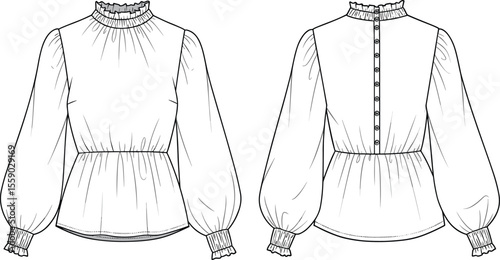 Technical flat sketch of a women's long-sleeved blouse with a ruffled high neck, elasticated waist, and puff sleeves, shown in front and back views, ideal for fashion design.
