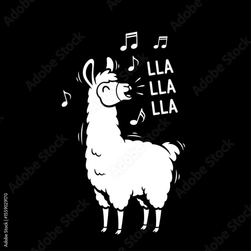 A cheerful white cartoon llama is singing a song with musical notes around its head on a black background