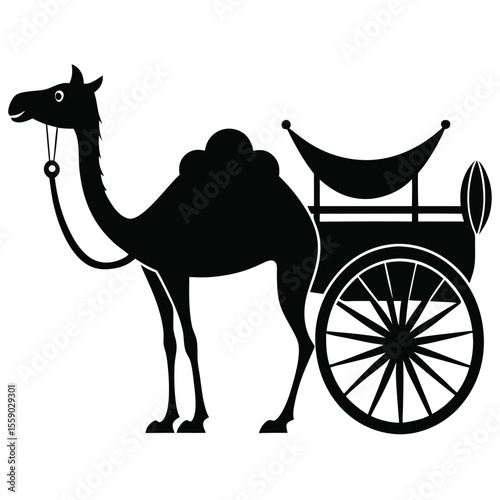 Silhouette of a Dromedary Camel Pulling a Two Wheeled Cart Animal Transportation in Desert Regions Simple Black and White Illustration
