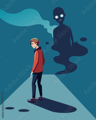 In a dreamlike state a persons shadow is followed by the shadow of their past controlled by the lingering trauma and memories that haunt their subconscious.. Vector illustration
