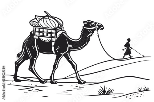 Desert Caravan Silhouette A Solitary Journey Through the Sands with a Camel and Guide in Black and White