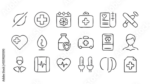 Hand-drawn Medical Icons Healthcare, Wellness, and First Aid Symbols