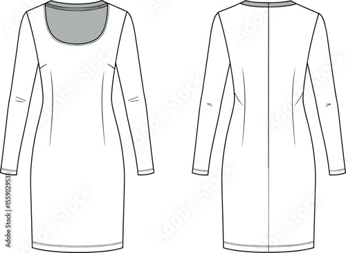 Technical flat sketch of a women's long-sleeve, scoop-neck mini dress, ideal for casual apparel design, loungewear, and pattern making.