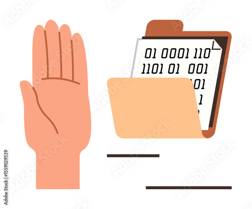Raised hand gesture near folder containing binary code document, emphasizing data privacy, restriction, and access control. Ideal for cybersecurity, privacy, files, denial, policy compliance simple