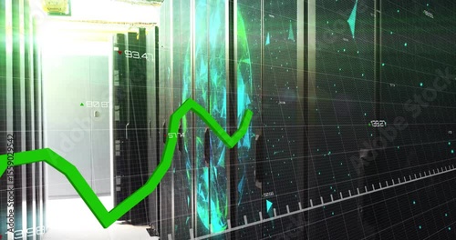 Upon grid overlay appearing, green line oscillating over racks showing trends with rotating globe