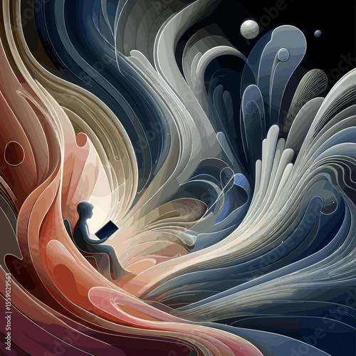 Abstract illustration of a person reading in a colorful swirling atmosphere
