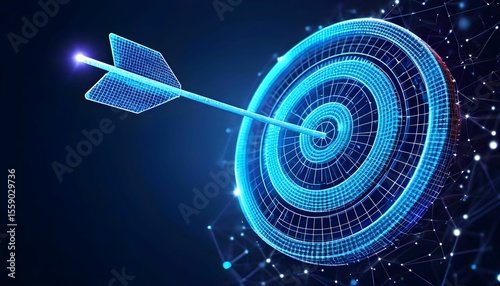 Digital arrow striking the bullseye of a glowing, three-dimensional target.