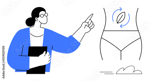Woman holding folder pointing to a waist diagram, emphasizing health tips and digestion. Ideal for wellness, fitness, diet, healthcare, education, awareness health communication. Simple flat